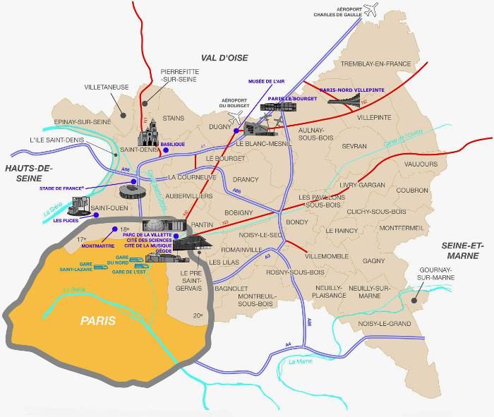 carte du nord est parisien avec les grands sites touristiques du 93